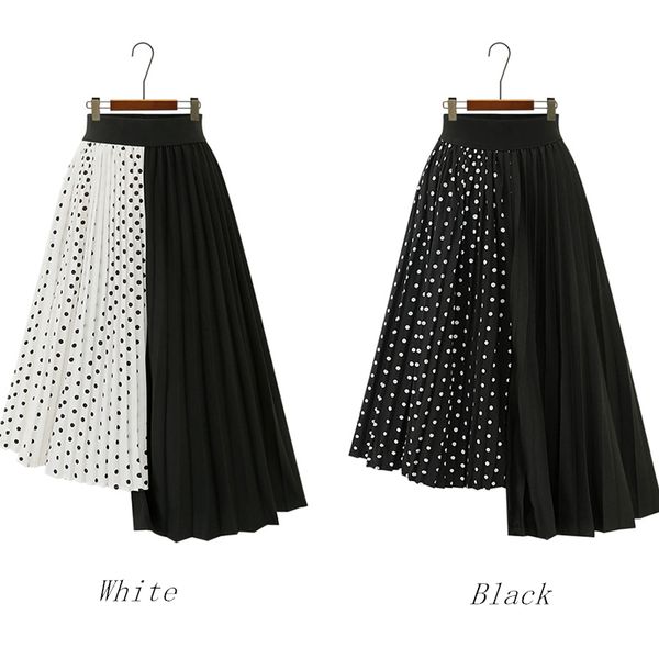 

casual dresses fashion spliced polka dot skirt women harajuku irregular midi plus size faldas largas mujer pleated white black jup, Black;gray