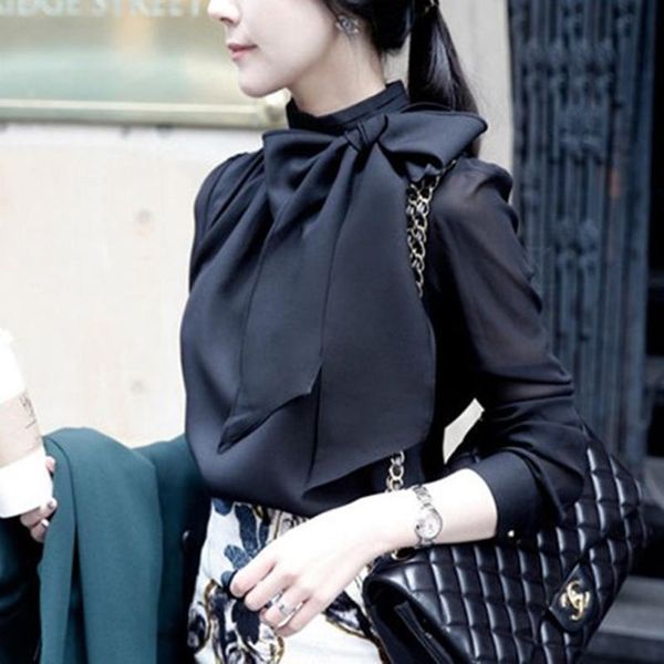

women's blouses & shirts women spring summer style chiffon blouses shirts lady casaul long sleeve white black bow tie collar blus