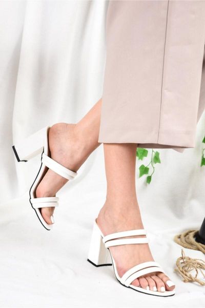 

slippers women's white patent leather dual band high-heeled, Black