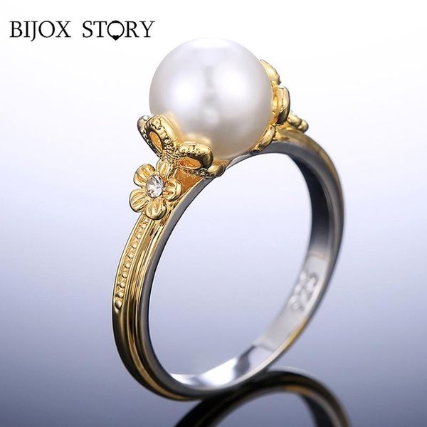 

cluster rings bijox story fashion freshwater pearl zircon gemstone 925 silver jewelry for female wedding engagement party gift size 6-10, Golden;silver