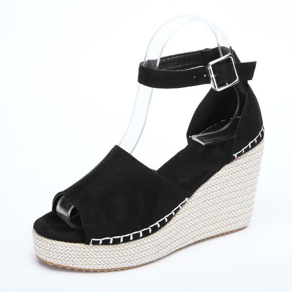 

fashion casual women dull polish sewing peep toe wedges hasp sandals flatform shoes cover heel buckle strap basic, Black