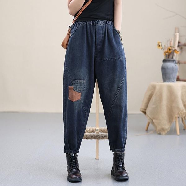 

women's jeans fairynatural british blue denim harem trouser female casual loose pants retro pockets pantalon women elastic waist