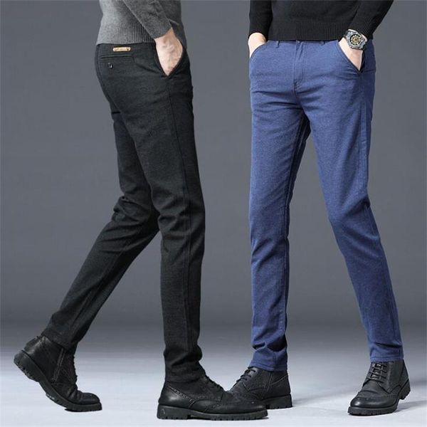 

streetwear men business leisure grid trousers 2021 winter fleece warm pants classic style thick cotton straight-leg men's, Black