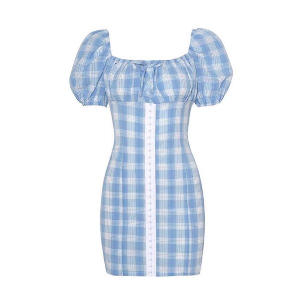 

blue plaid dress short sleeve mini casual puff bodycon sheath summer women female d1780 210514, Black;gray