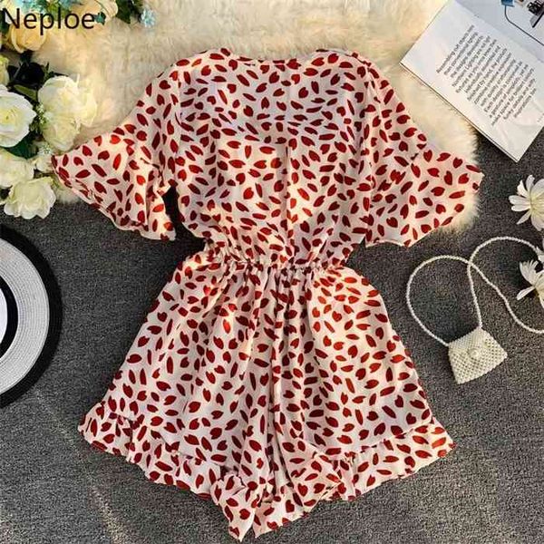

nepole plant print drawstring women jumpsuits casual v-neck flare sleeve playsuit 2021 summer ruffles short beach jumpsuit 43084, Black;white