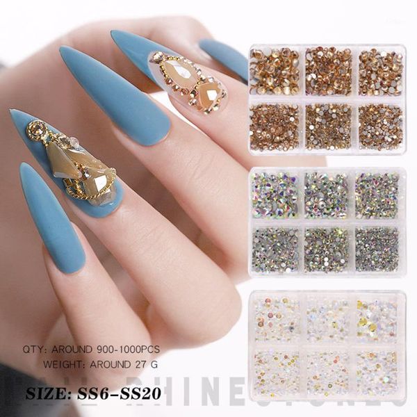 

box 6 grid mix sizes glass crystal non fix rhinestone flatback 3d glitter jewelry nail art rhinestones decorations1, Silver;gold