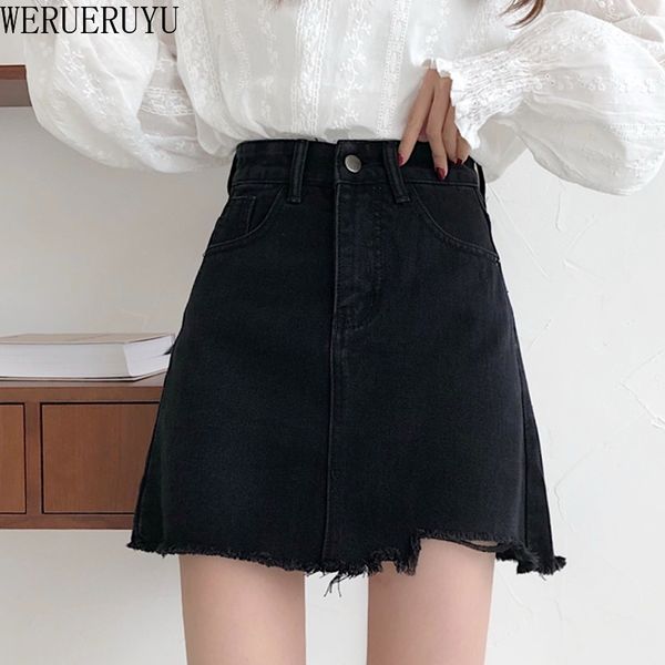 

werueruyu women's fashion autumn high waist jeans skirts casual korean style a-line mini denim skirt black 210608