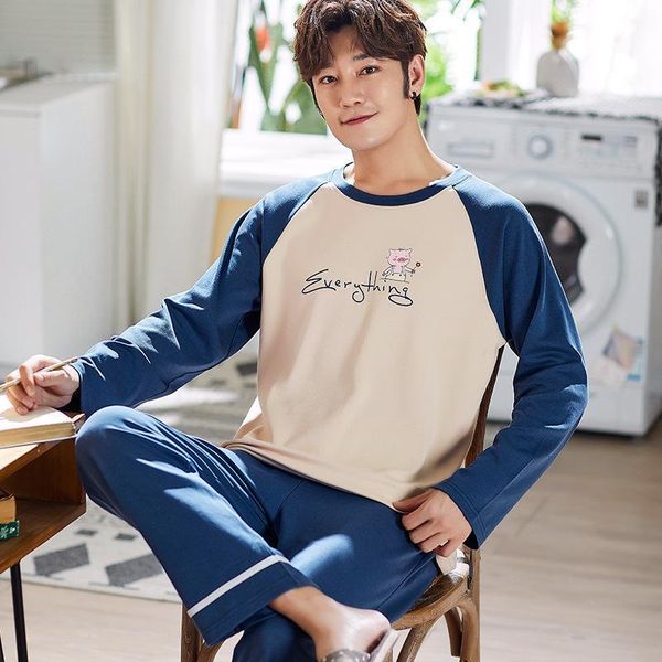 

Men's Sleepwear Fashion Nightgown Underwear Male Long Sleeve Casual O-Neck Pure Cotton Pajamas Sets Loose Spring Men Two-Piece Set Suit, Black;brown