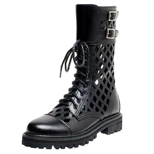 

boots fashion women cutout mid-calf genuine leather belt buckle personality mesh cross-tied shoes botas feminina, Black