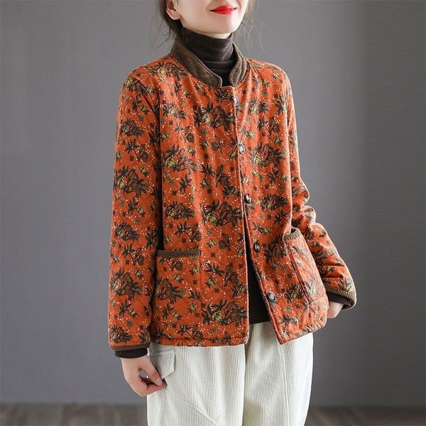 

women's jackets arrival autumn arts style women long sleeve single breasted loose thicken warm vintage print cotton coats v117 l5lk, Black;brown