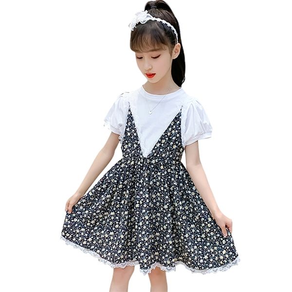 

clothes for girls tshirt + floral dress outfits lace girl set casual style costumes children 6 8 10 12 14 210527, White