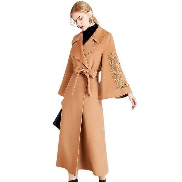 

double sided cashmere women's autumn winter new fashion embroidery thin medium and long wool coat 2021 new, Black