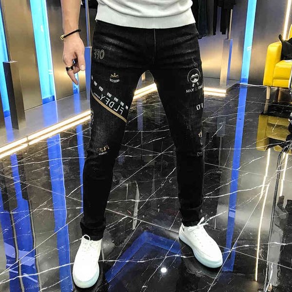 

jean autumn male style stretching legged thin fashion label letter printing thorn black flower beautiful jeans for man, Blue