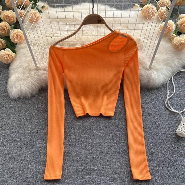 

women's sweaters 2021 european/american ins shoulder hollow niche design long-sleeved slim slimming short t-shirt bottoming shirt wome, White;black