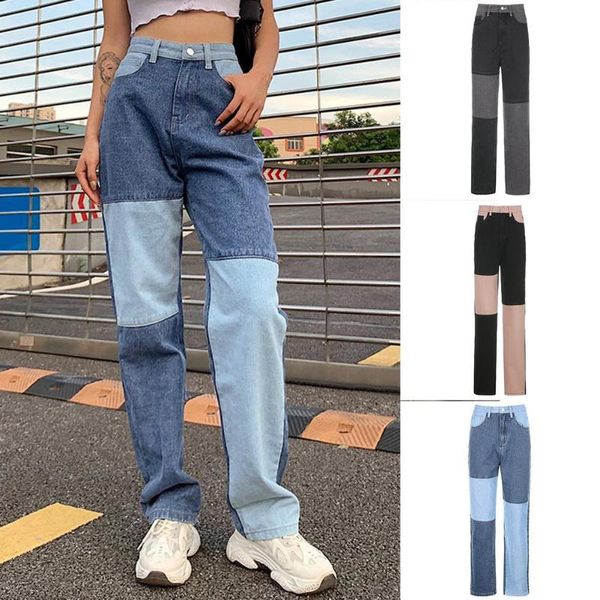 

women's jeans straight high waist loose pants 2021 e-girl vintage fashion slim denim streetwear ladies trousers, Blue