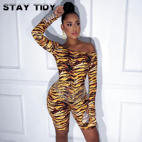 

women's jumpsuits & rompers stay tidy off shoulder tiger striped print bodycon playsuits 2021 winter women split long sleeve slash neck, Black;white