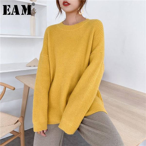

[eam] yellow big size knitting sweater loose fit round neck long sleeve women pullovers fashion autumn winter 2021 1y197 women's sweate, White;black