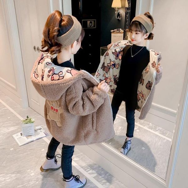 

jackets 2021 spring winter children's warm jacket girls boys hooded collar kids coat clothes bear outerwear parkas two wear plus velvet, Blue;gray