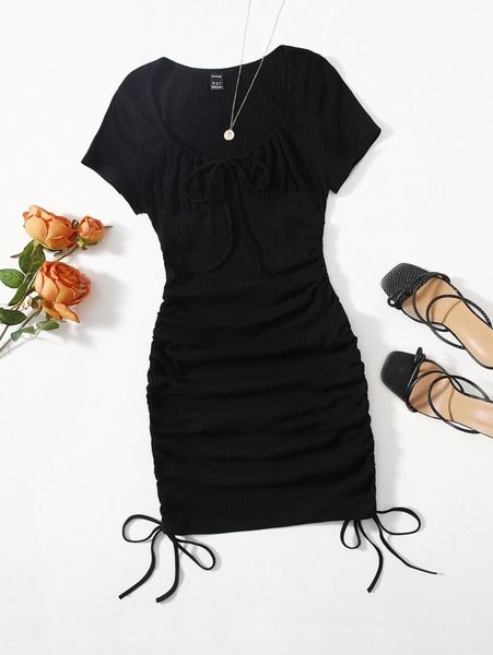 

ruched drawstring side bodycon dress l5i8#, Black;gray