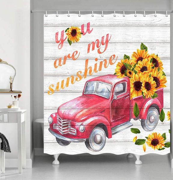

vintage farmhouse flower shower curtains, watercolor red pickup truck with botanical yellow sunflowers on rustic wooden,