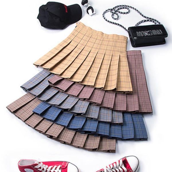 

plaid pleated spring summer womens skirt high waist short fall college wind yellow a character super schoolskirt, Black