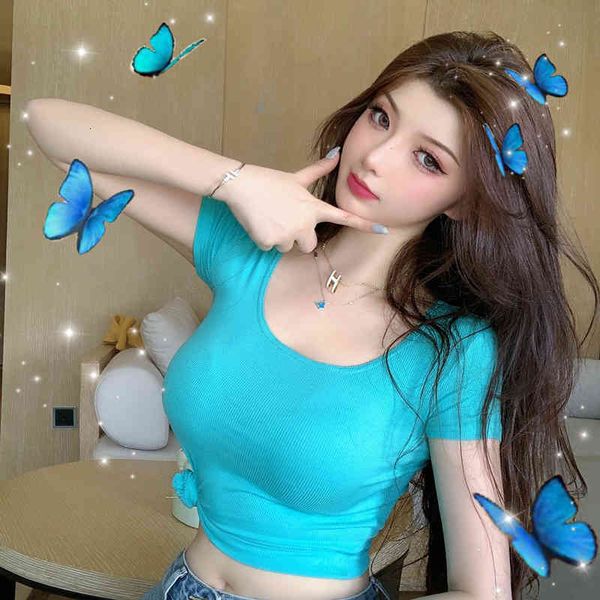 

women's tracksuits summer short-sleeved women's tight-fitting short sports t-shirt casual wild u-neck blue white orange t, Gray