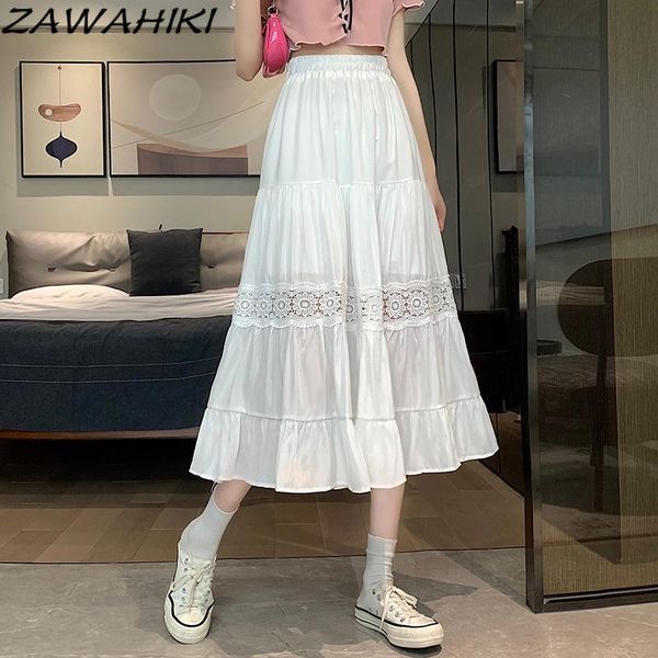 

lace patchwork mujer faldas solid hollow out a-line 2021 summer jupe femme high waist japan style women skirts, Black