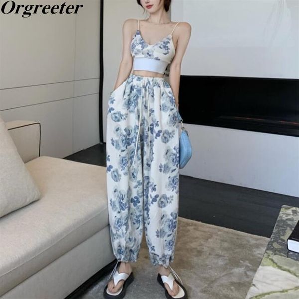

summer women's drawstring high waist loose flower print jogger pants tracksuits outfits casual sling sweatpant two piece set 210602, White