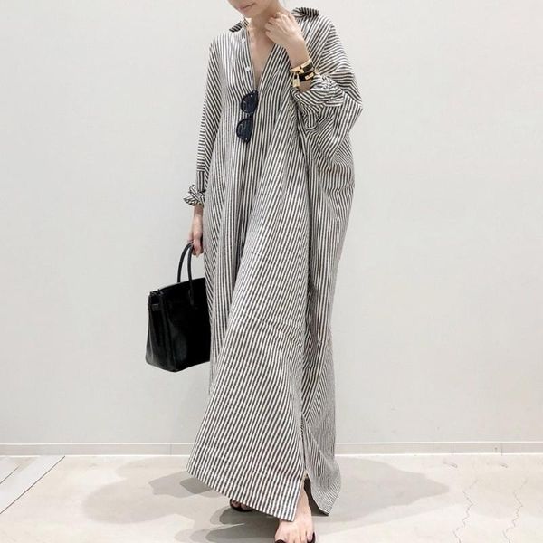 

casual dresses de0012 womens striped oversized dress office lady turn-down collar buttons batwing sleeve vestidos mujer verano, Black;gray