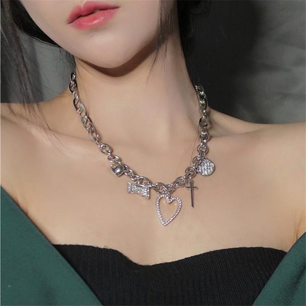 

chains european exaggerated silver color metal love heart cross necklace hip hop reflective smooth clavicle chain for women gifts