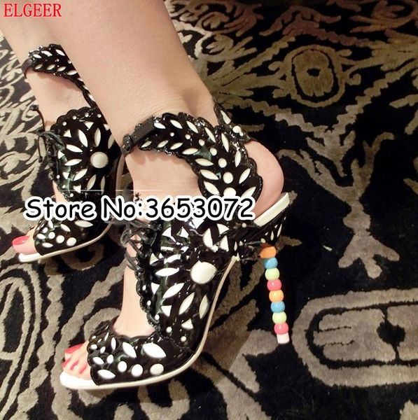 

peep toe patent leather cut-outs lace up sandals beading heels summer shoes laser women stiletto high, Black