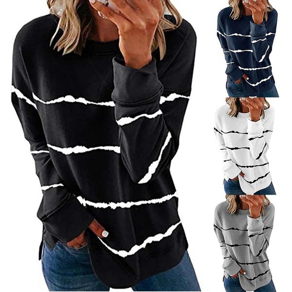 

tie-dye printed striped o neck loose long sleeved women t shirt for autumn and winter multicolor printing wholesale women's t-shirt, White