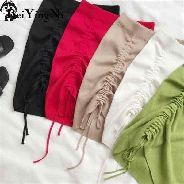 

high waist knitted mini skirt women solid color package hip drawstring casual bodycon skirts kawaii black faldas 210427