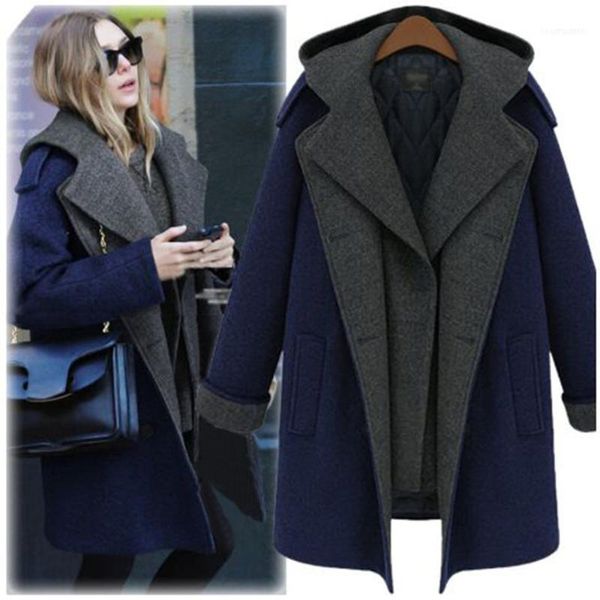 

women's wool & blends brand elegant solid blend coat spring winter overcoat women patchwork covered warm woolen coat#j311, Black