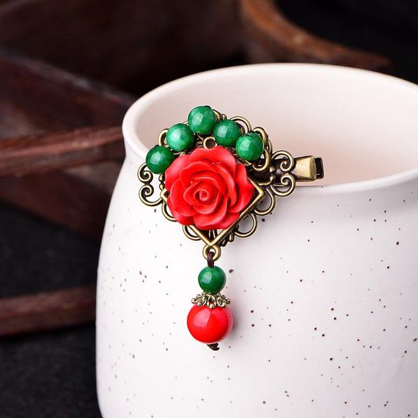 

other delicate cinnabar synthetic flower bronze color base bracket hairpins natural red colored stone beads pendant hair jewelry, Golden;white