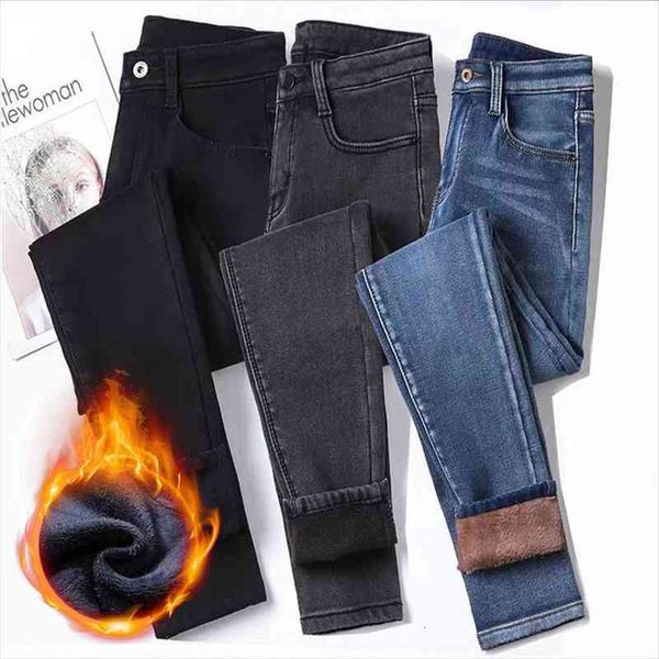 

increase elastic high waist thermal womens jeans denim lined warm slim trousers winter thickening bound feet pants, Blue