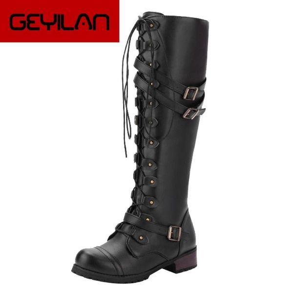 

boots ladies knee high square platform woman punk gothic shoes studs lace up comfortable large size 35-43, Black