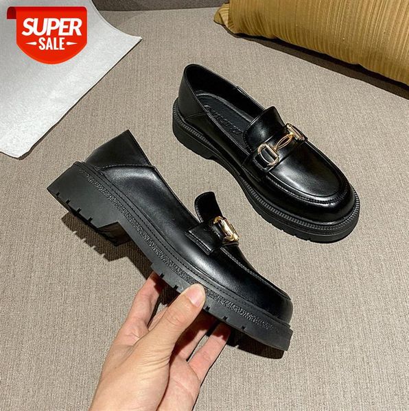 

round toe metal buckle small leather shoes women flat shallow mouth soft sole single thick heel #ua8g