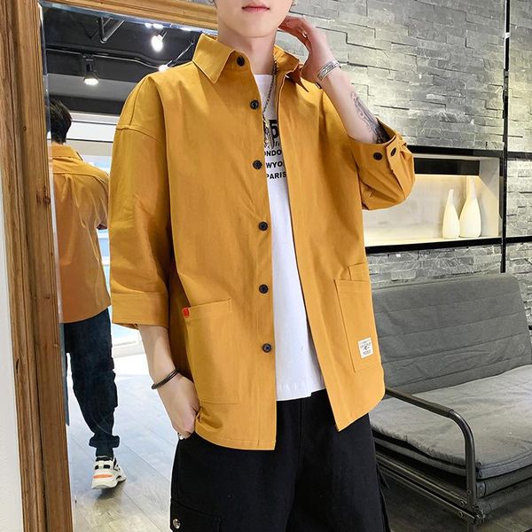 

men's casual shirts 2021 four seasons cotton loose seven-point sleeve shirt tooling pure coat japanese, White;black