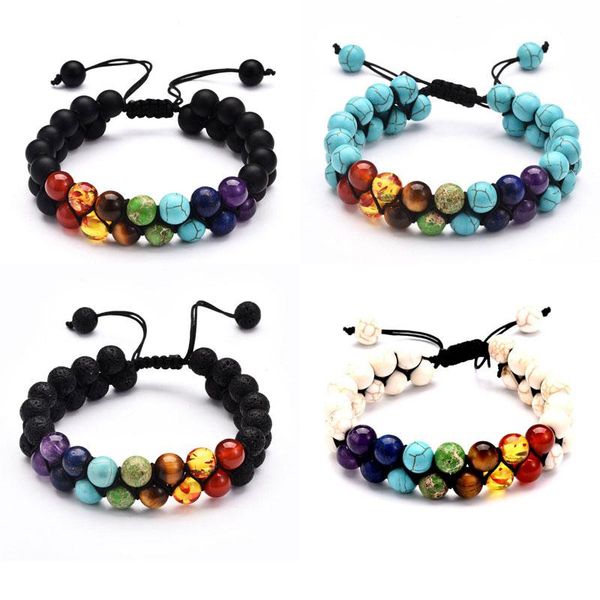 

bangle 8mm natural stone healing beaded double layer strands charm bracelets for men women handmade rope braided fashion jewelry, Black
