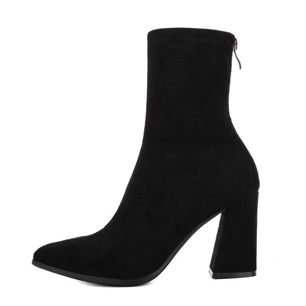 

boots spring women's high shoes heel chunky hee pointed-toe frosted suede rear zip middle tube boot's, Black