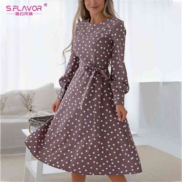 

s.flavor women vintage o neck dress casual polka dot print a-line party vestidos autumn winter long sleeve mid dress 210730, Black;gray