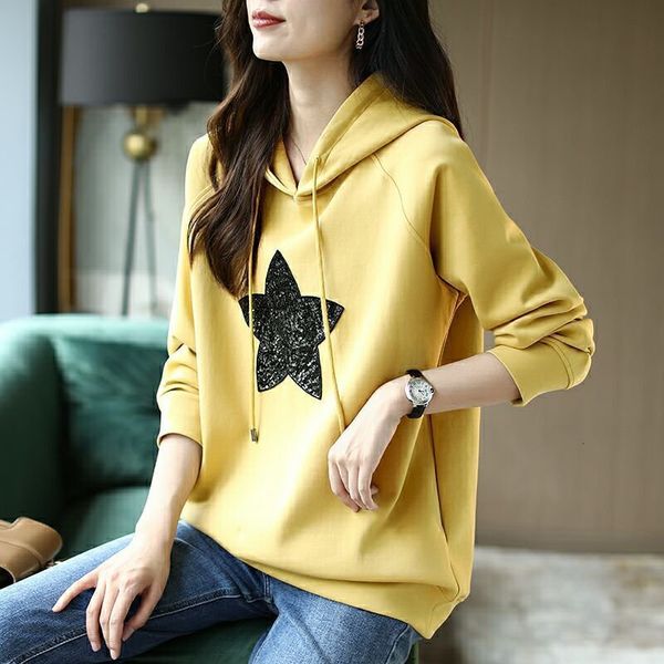 

hoodies sequin long sleeve lazy pullover sweater autumn hooded lace up women's 2021 loose fashion top, Black