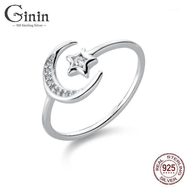 

cluster rings ginin 925 sterling silver ring for women korean simple inlaid zircon star moon open adjusted trendy party french bijou jewelry, Golden;silver