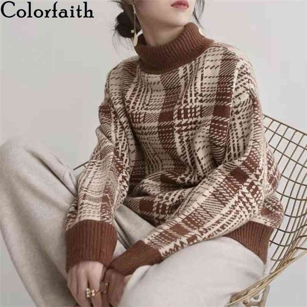 

women's autumn winter knitwear turtleneck plaid warm pullover oversize vintage checkered jumpers sw1091jx 210427, White;black