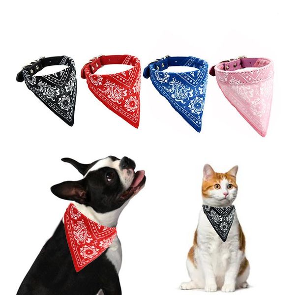 

dog collars & leashes pet cat bandana scarf collar adjustable puppies kittens printed neckerchief leather for small medium large cats dogs