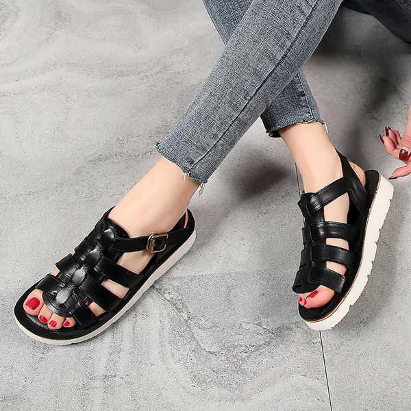 

women sandals 2021 summer genuine leather non-slip casual for flat beach, Black