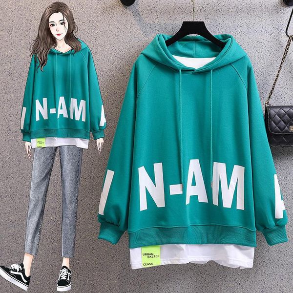 

women's hoodies & sweatshirts 2021 two pieces of fake hoodie spring and autumn thin large size loose casual coat letter print, Black