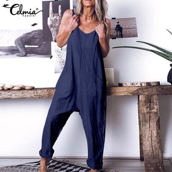 

women's jumpsuits & rompers celmia 2021 fashion linen women sleeveless straps casual solid pockets long pants ladies elegant playsuits, Black;white