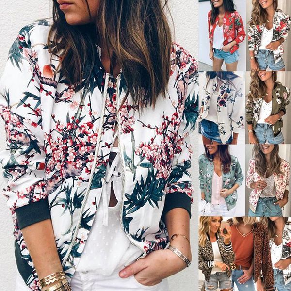 

women's jackets fashion flower print long sleeve women bomber jacket casual zipper up vintage ladies coat elegant slim basic female, Black;brown
